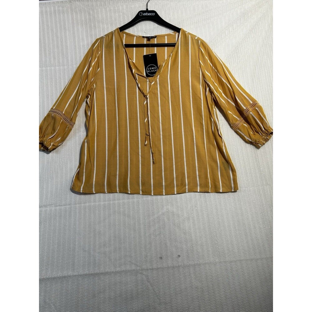 Como Black Women's XL Yellow/White Striped Blouse Tie Neck Crochet 3/4 Sleeve